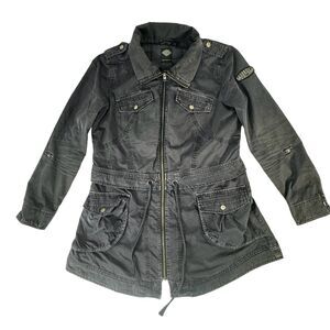 Harley Davidson Faded Black Cotton Womens Large 4 Pocket Patched Zip Long Jacket